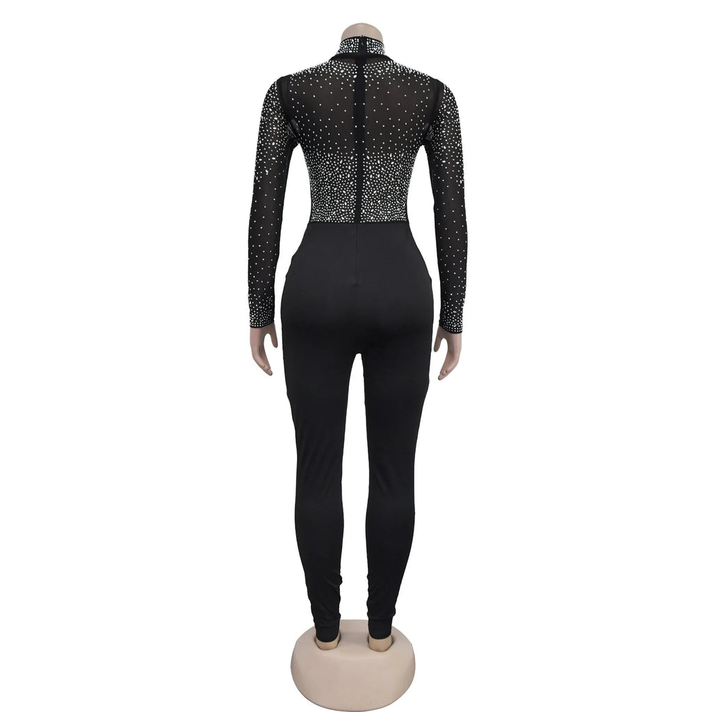 Women's Glittery Rhinestones Gymnastics Jumpsuit Sheer Mesh Patchwork Mock Neck Long Sleeve Dance Rompers One-piece Bodysuit
