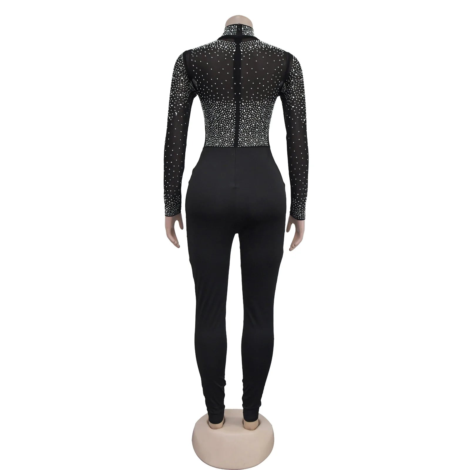 Women's Glittery Rhinestones Gymnastics Jumpsuit Sheer Mesh Patchwork Mock Neck Long Sleeve Dance Rompers One-piece Bodysuit