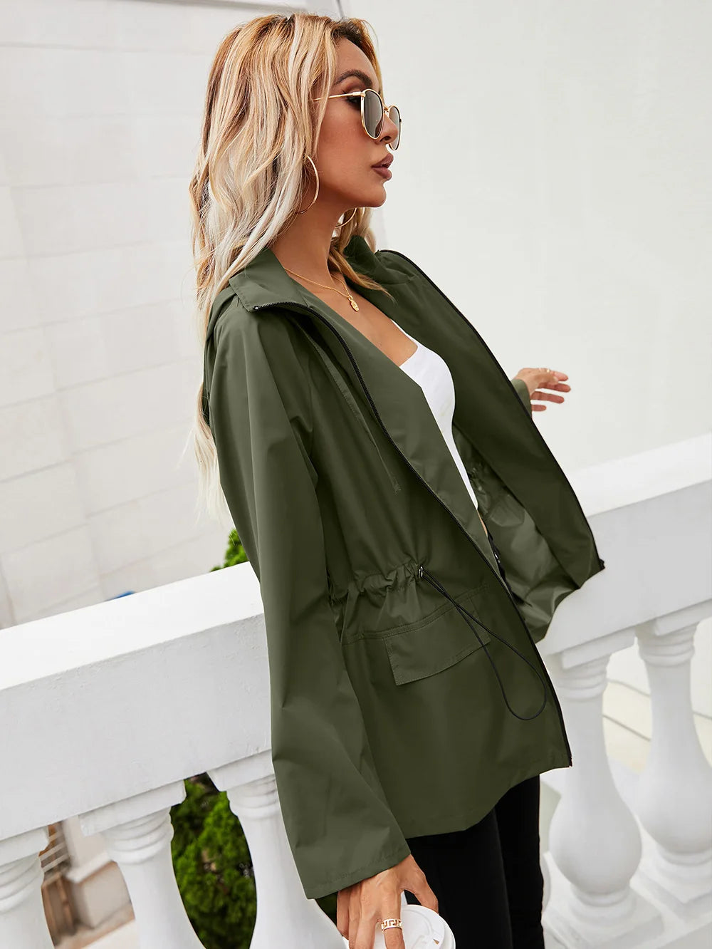 Hooded Zipper Waist Waterproof Raincoat Outdoor Sports Mountaineering Coat Women