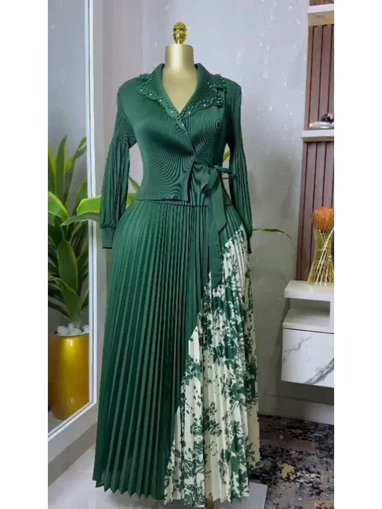 2025 Spring New Miyake Pleated A-line Dress Elegant Suit Collar Mid To Long Style Waist Cinching Slimming Women Folds Skirt