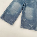 New autumn clothing for babies aged 0-3, with bow printed denim pants for baby girls, fashionable