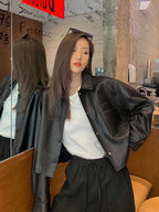 Nerazzurri Spring Autumn Brown Short Soft Pu Leather Jacket Women Long Sleeve Pocket Loose Casual Korean Fashion Clothing 2025