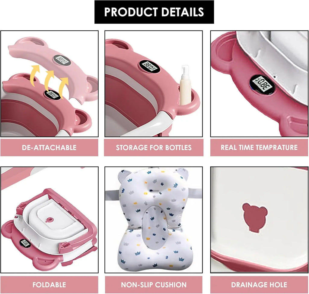 Portable Travel Bathtub, Collapsible Baby Bathtub, with Thermometer &1Soft Floating Cushion, with Drain Hole,For Baby 0-36 Month