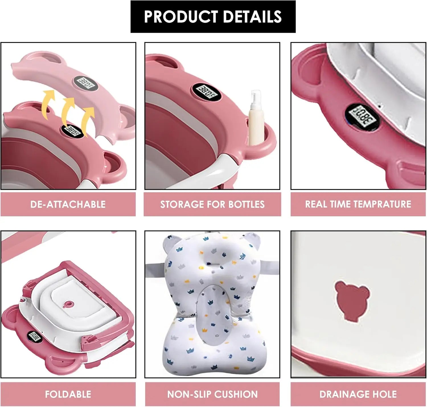 Portable Travel Bathtub, Collapsible Baby Bathtub, with Thermometer &1Soft Floating Cushion, with Drain Hole,For Baby 0-36 Month