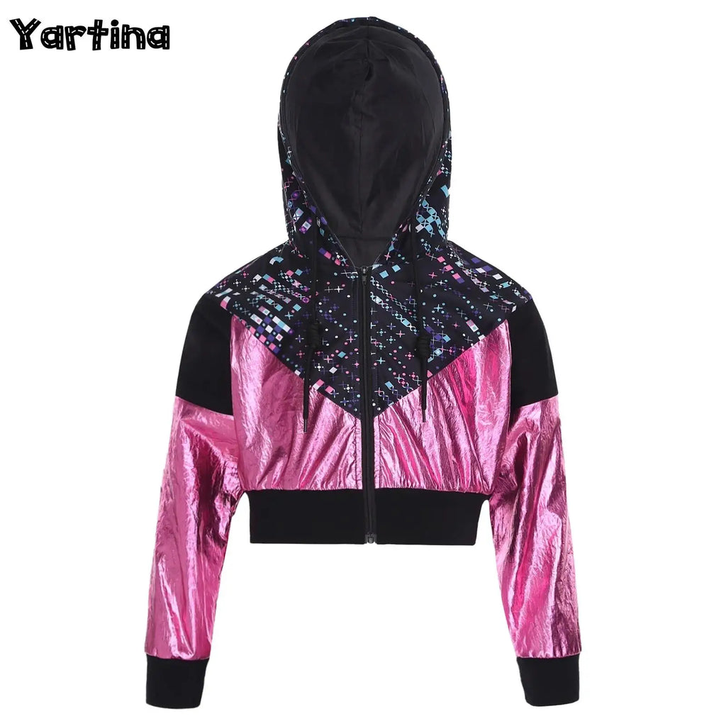 Girl Hooded Tops Long Sleeve Zipper Jacket Fashion Print Short Jacket Casual Coat Outerwear Jazz Dance Performance Costume