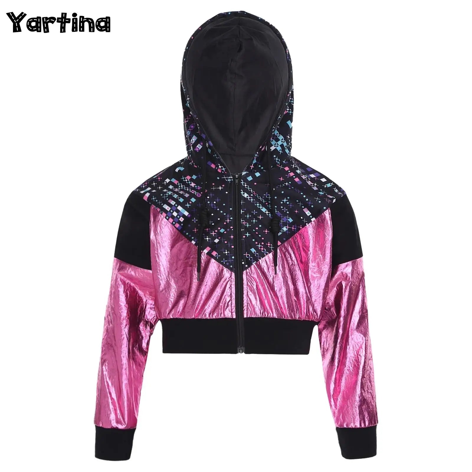Girl Hooded Tops Long Sleeve Zipper Jacket Fashion Print Short Jacket Casual Coat Outerwear Jazz Dance Performance Costume