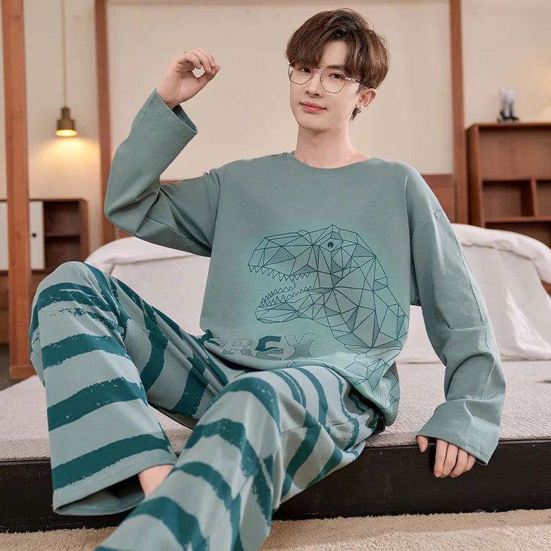 Men's Pajamas Spring Autumn 100% Cotton Youth Pajamas Student Suits Fashionable Sweet Cartoon Home Clothes For Men