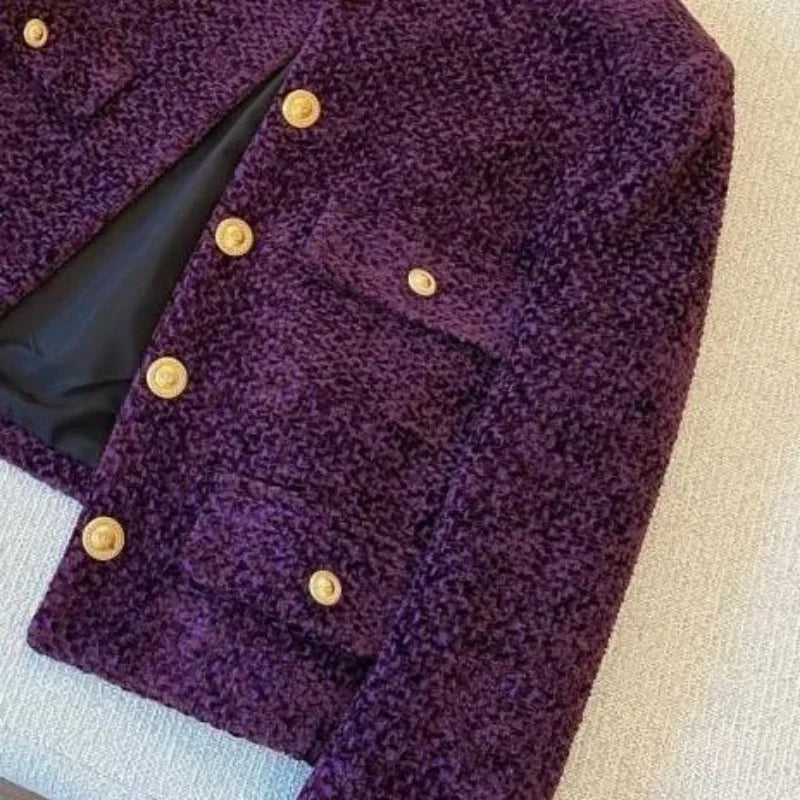 French Woolen Tweed Coat Small Fragrant O-neck Short Jacket Women High-end Metal Button Purple Tops Autumn Winter 012A