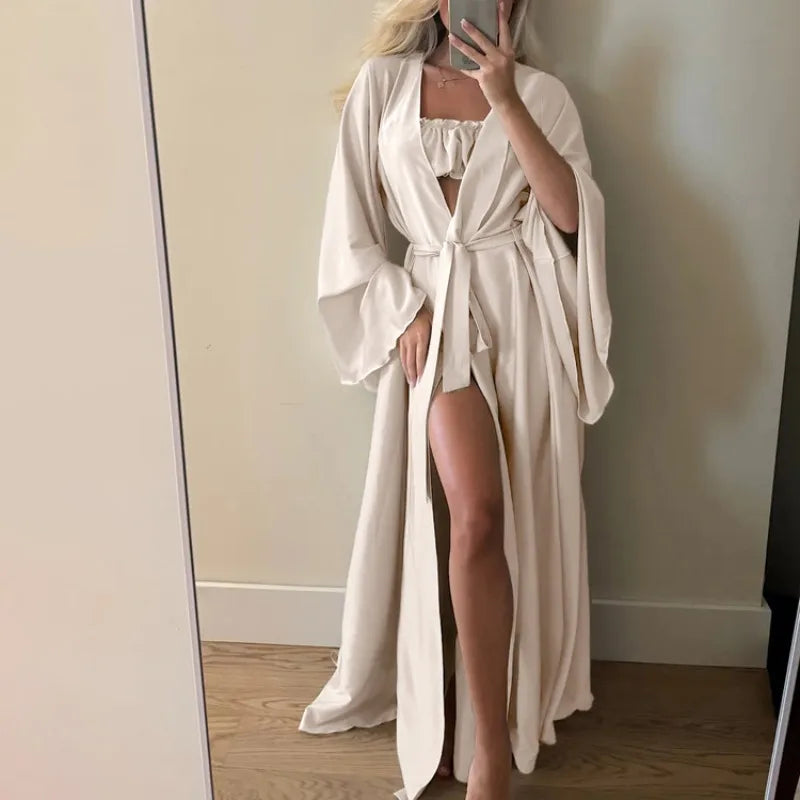 Women Pajamas 3 Piece Set Elegant Long Cardigan Robe + Strapless Tube Top + Shorts Set Loungewear Homewear Household Clothes