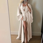 Women Pajamas 3 Piece Set Elegant Long Cardigan Robe + Strapless Tube Top + Shorts Set Loungewear Homewear Household Clothes
