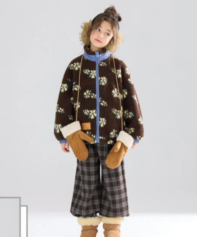 Girl's Winter Coat Floral Jacquard Lamb Fur Thickened Stylish Autumn Winter Toddler Kids Cotton Jacket