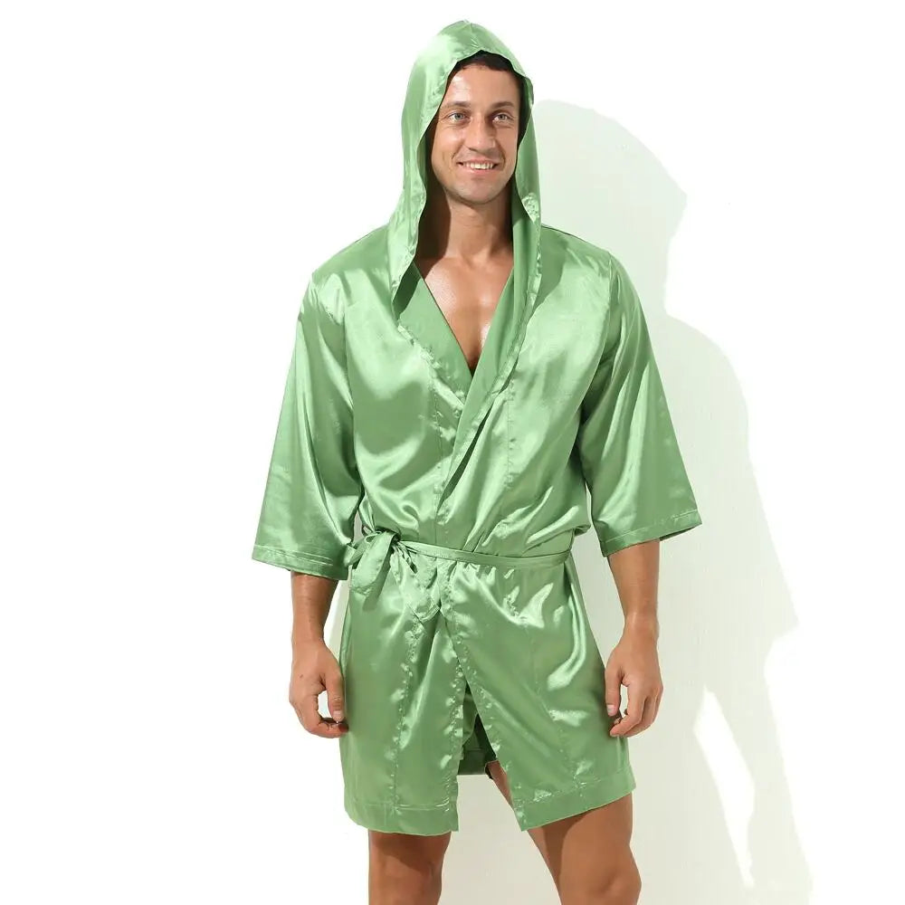 Sexy Sleepwear Men Robes Bathrobes Soft Silky Short Sleeve Nightgown Mens Homewear Dressing Gown Male Pajamas (No shorts)