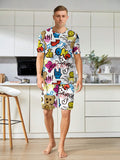 Men's fashionable casual style pajamas hort sleevehome clothing cartoon printed hip-hop sd shorts two-piece set for couples