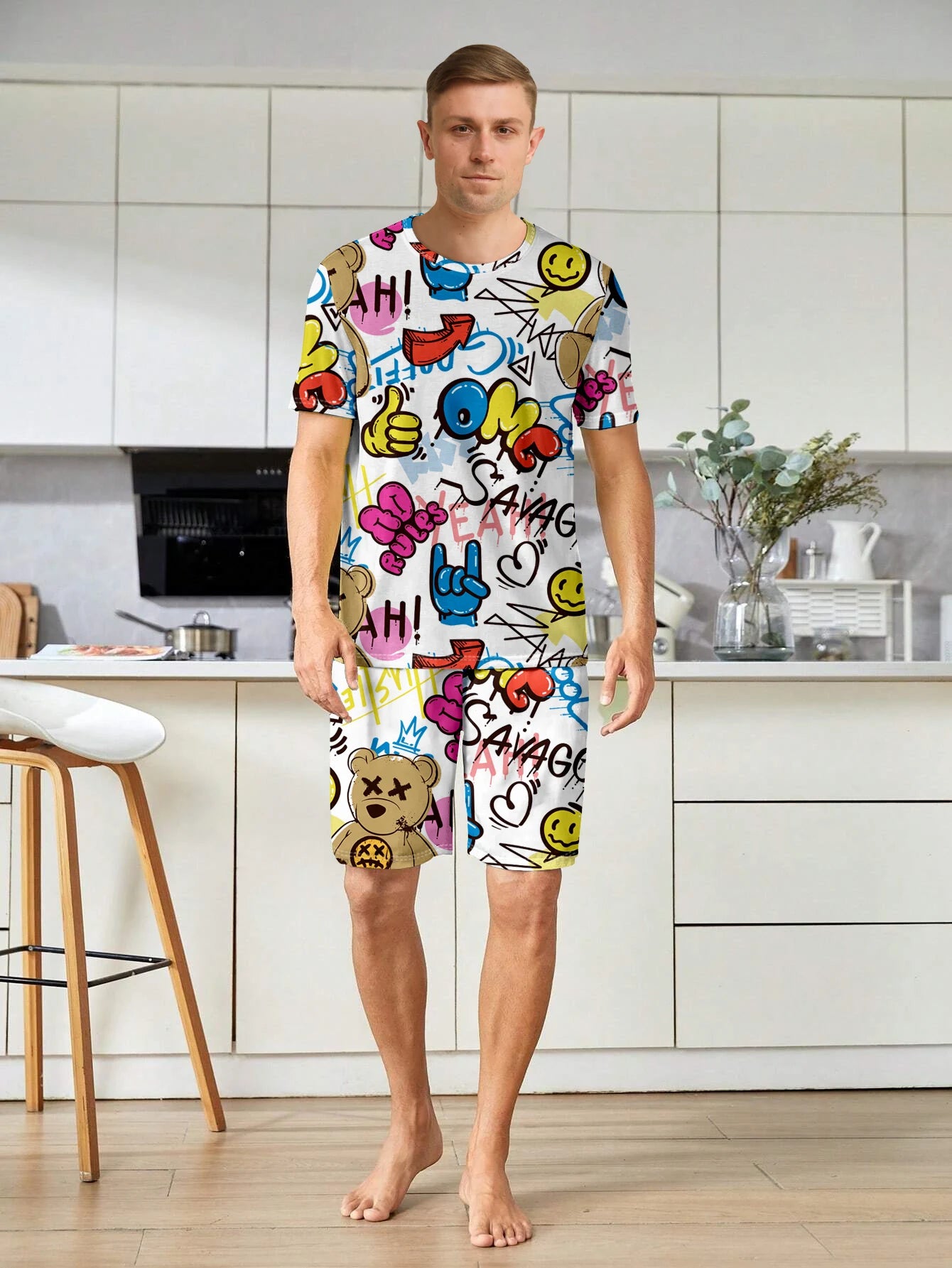 Men's fashionable casual style pajamas hort sleevehome clothing cartoon printed hip-hop sd shorts two-piece set for couples