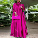 Elegant Evening Dress VONDA Women Pleated Stand Collar Long Sleeve Satin Party Sundress Autumn Casual Solid Loose Robe Vestidos