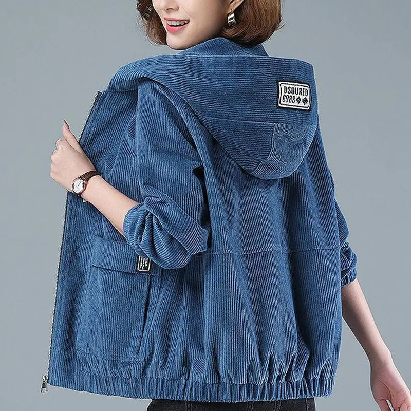 Corduroy Short Coat 5XL Women's 2025 Spring Autumn New Korean Loose Solid Hooded Jacket Fashion Casual Female Zipper Coat Tops