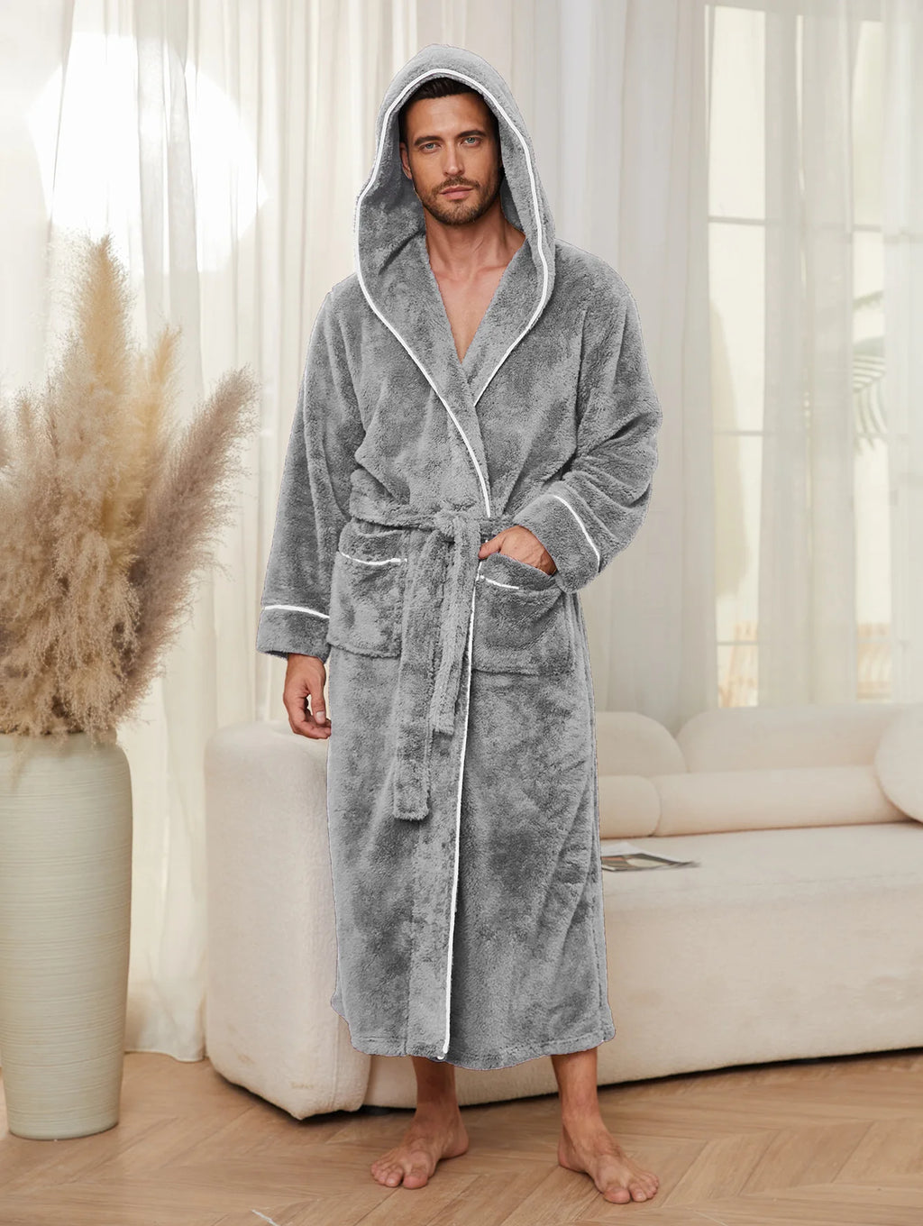 Men's Autumn/Winter New Style Comfortable Cotton Flannel Robe Luxury Open-Front Couples Robe Men's Warm Bathrobe Nightwear