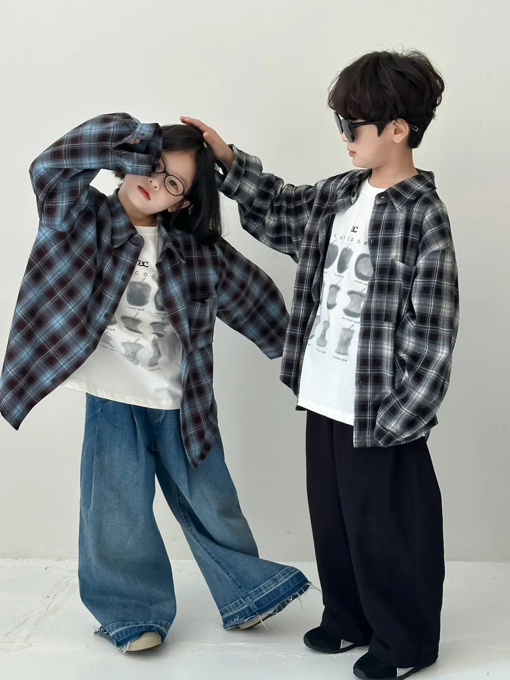 Children's Shirt 2024 Autumn Boys and Girls Korean Version Velvet Plaid Shirt Children's Casual Versatile Loose Long Sleeve Top