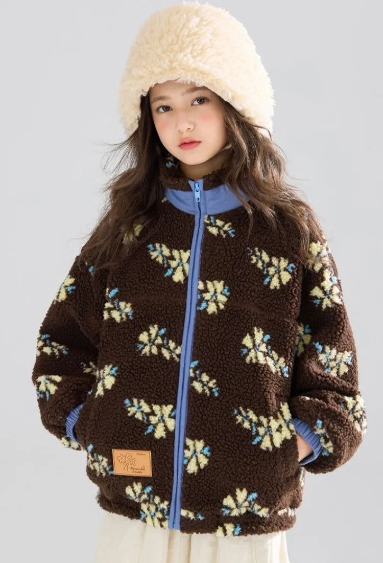 Girl's Winter Coat Floral Jacquard Lamb Fur Thickened Stylish Autumn Winter Toddler Kids Cotton Jacket