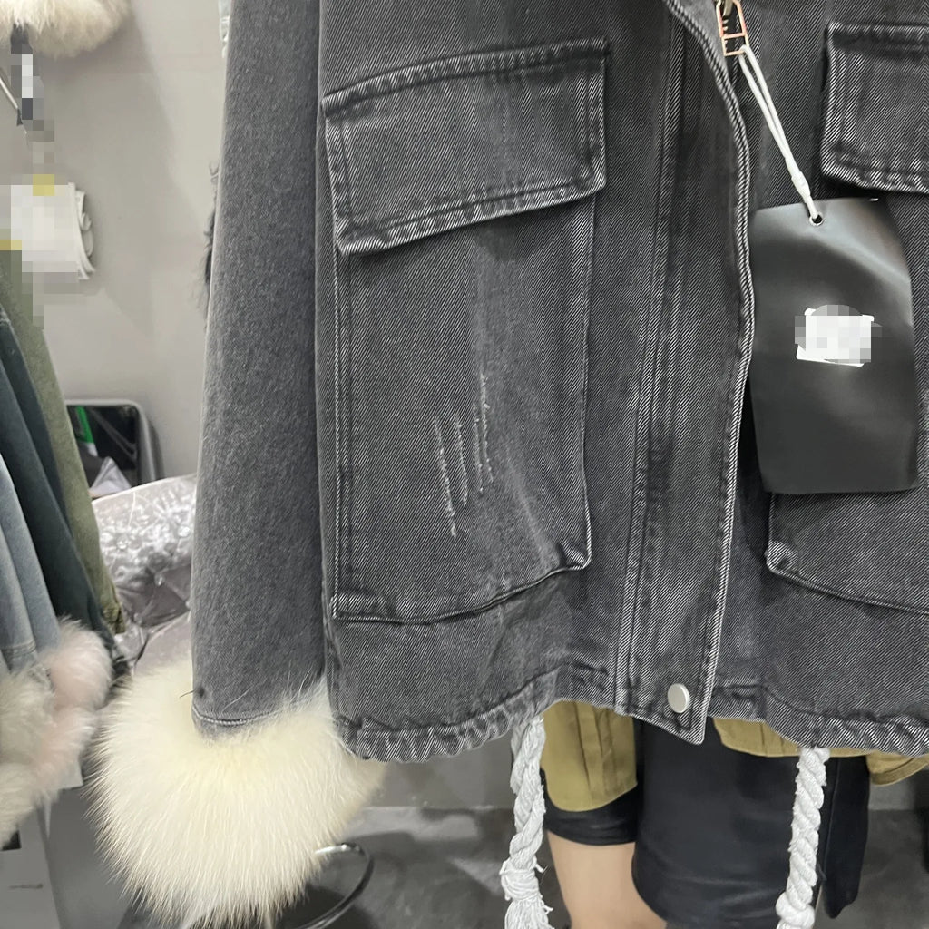 Fox Fur Denim Jacket for Women Fleece-Lined and Thickened Winter 2025 New Korean Style Loose Fit Batwing Sleeve Cotton Coat