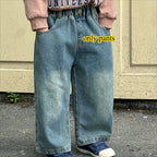 Children Wide Leg Jeans Spring Autumn Boy and Girl Elastic Waist Straight Leg Denim Pants Kids Casual Versatile Trousers A40056