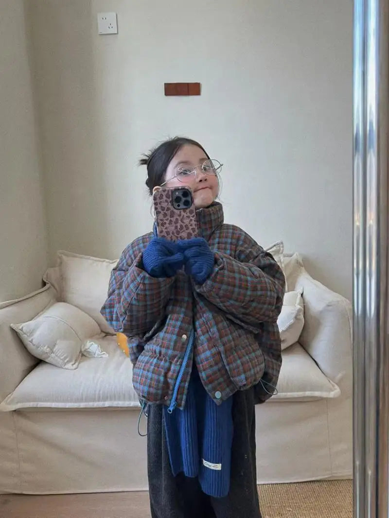 Girls' Autumn Winter Plaid Padded Jacket Warmth Coat Thicken Puffer Jacket Comfortable New Fashion Children Clothes Retro Style