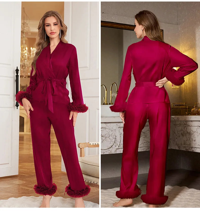 Female Pajamas 2PCS Set Sexy Perspective Lace Long Sleeve Trouser Pijamas Suit Sleepwear Loose Silk Satin Homewear Loungewear
