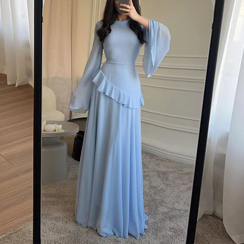 Robes for Woman Elegant O Neck Solid Ruffles Party Pleated Dress Spring Autumn Flare Sleeve Tie-up Slim Female Clothing Vestidos