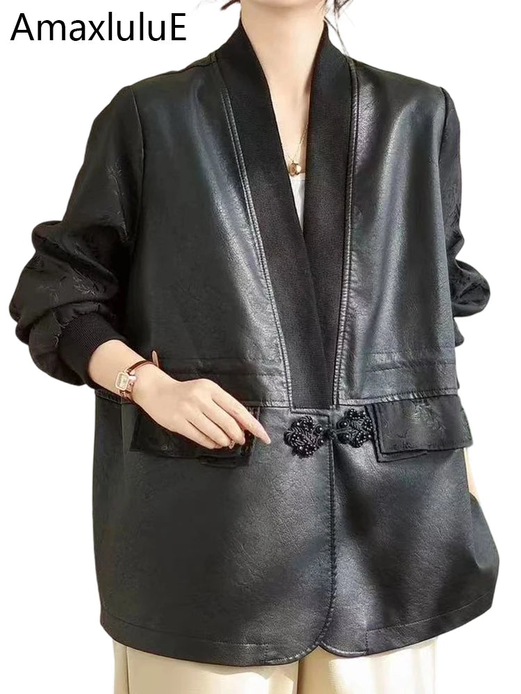 Amax LuluE Chinese 2025 Autumn Ladies Fashion Patchwork Faux Leather Jackets Womens Loose V Neck PU Coat Luxury Vintage Outwear