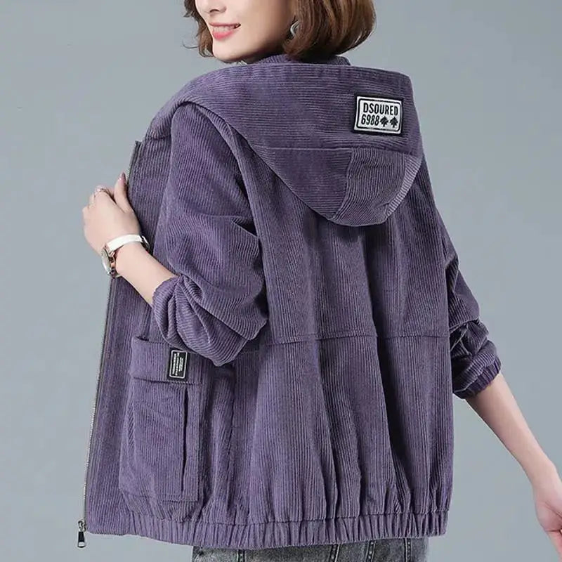 Corduroy Short Coat 5XL Women's 2025 Spring Autumn New Korean Loose Solid Hooded Jacket Fashion Casual Female Zipper Coat Tops