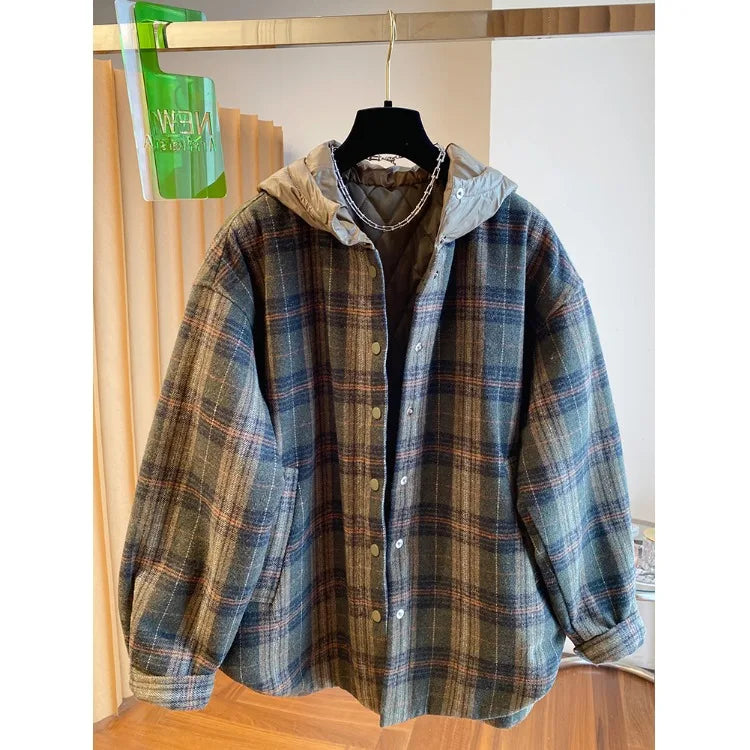 Winter Thiened Plaid Cotton Coat Women's Loose Korean Sle Hooded Jaet Long Sve Commute Faion Regular Length Single...