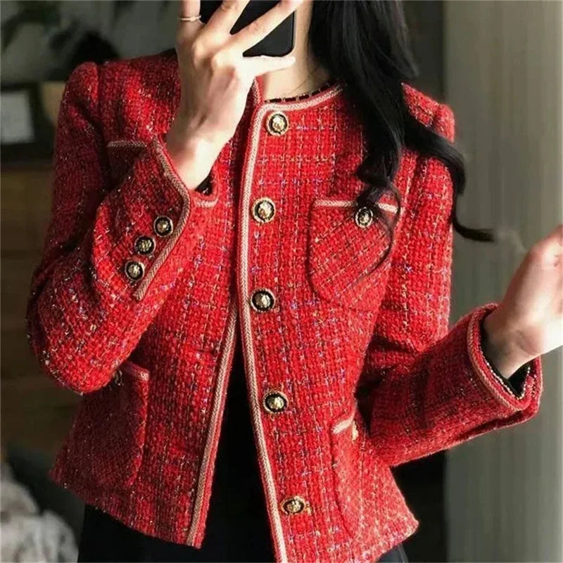 2025 Autumn/Winter New French Vintage Loose and Versatile Show Thin Temperament Woolen Jacket Fem Vintage Red Tweed Coat Women's