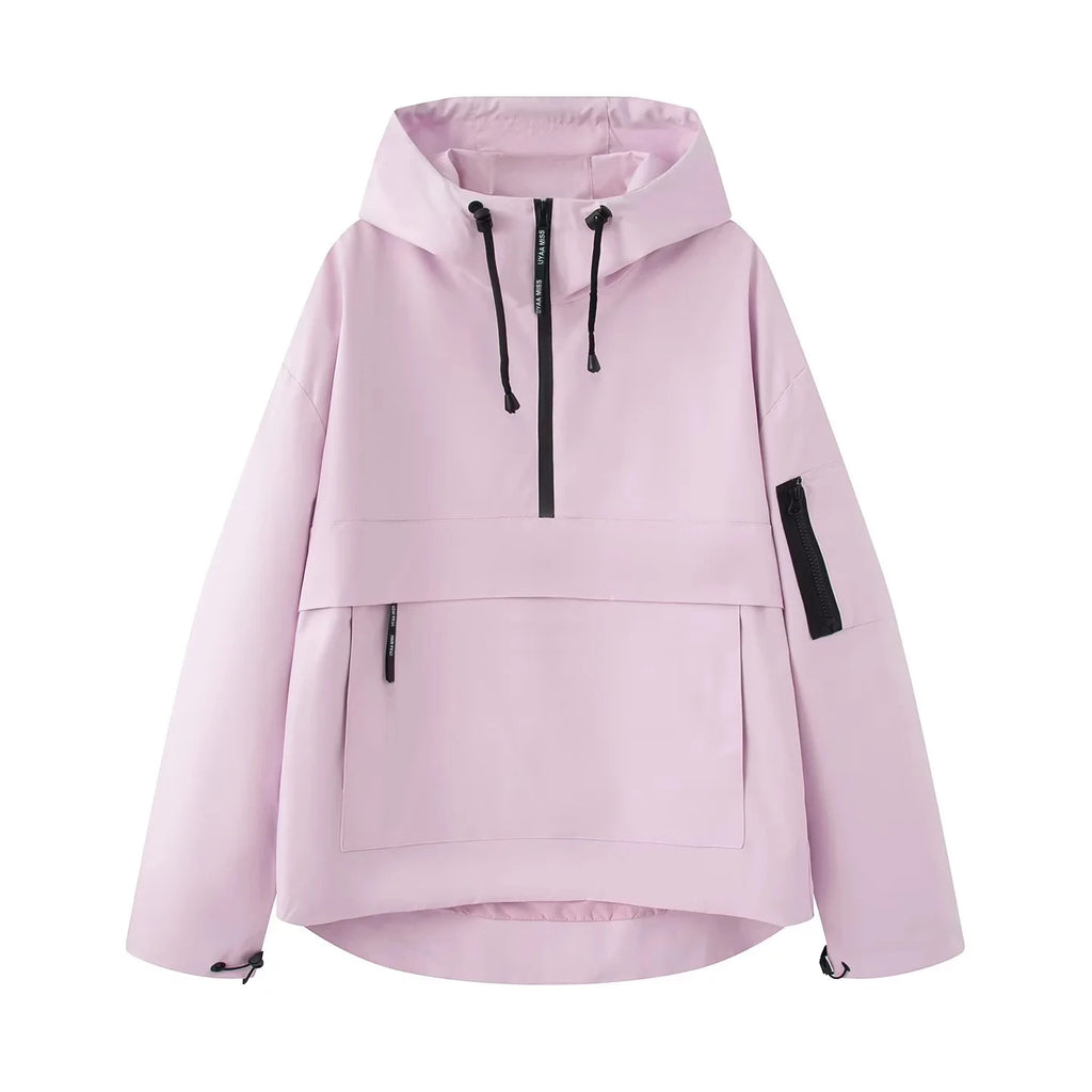 Fall 2025 Women's Casual Spor Loose Fit Stand Collar Long Sve Hooded Jaet Windbreaker Outerwear Polyester Fiber 00%