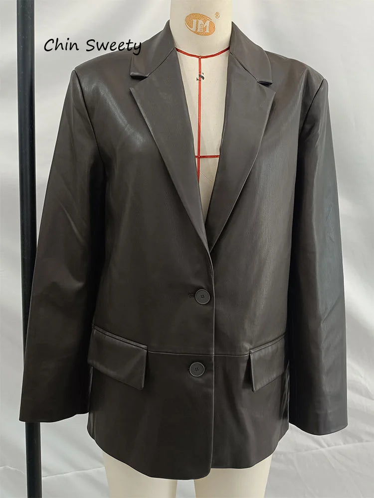 Leather Jacket For Woman Vintage Outwear Turn-Down Collar Coat Loose Autumn Tops Insulated Bomber Jacket Cool Girl Clothes