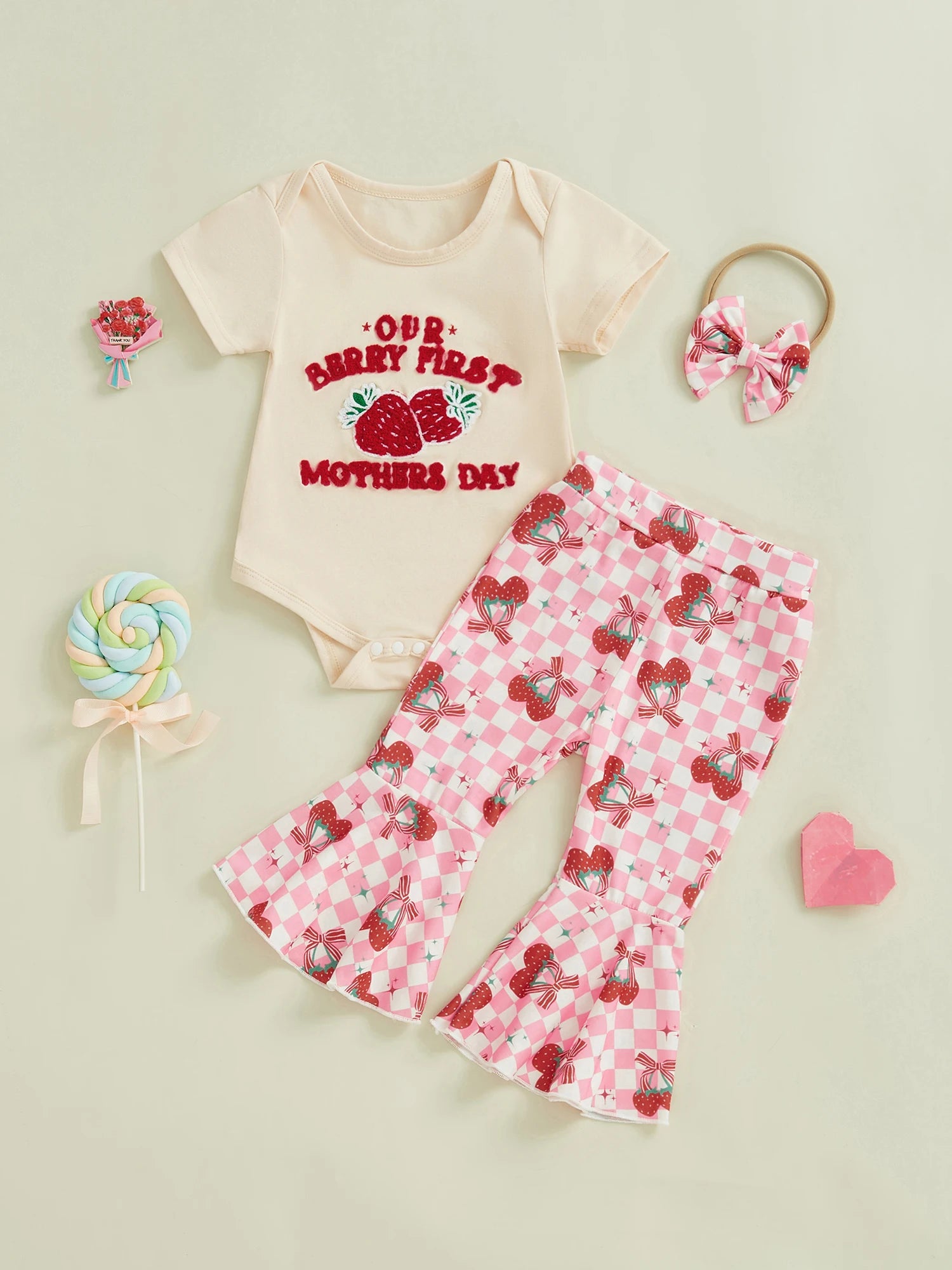 Baby Girl Mother's Day Letter Towel Embroidery Strawberry Pattern Short Sleeve Top Long Pants + Headwear Children's Clothing