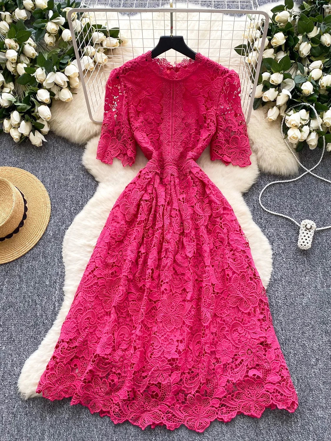 Ele Hollow out Lace ort Sve Dr Women's Summer Slimming A-Line Gown High Waist Korean Sle Commute Suitable