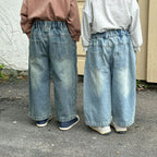 Children Wide Leg Jeans Spring Autumn Boy and Girl Elastic Waist Straight Leg Denim Pants Kids Casual Versatile Trousers A40056
