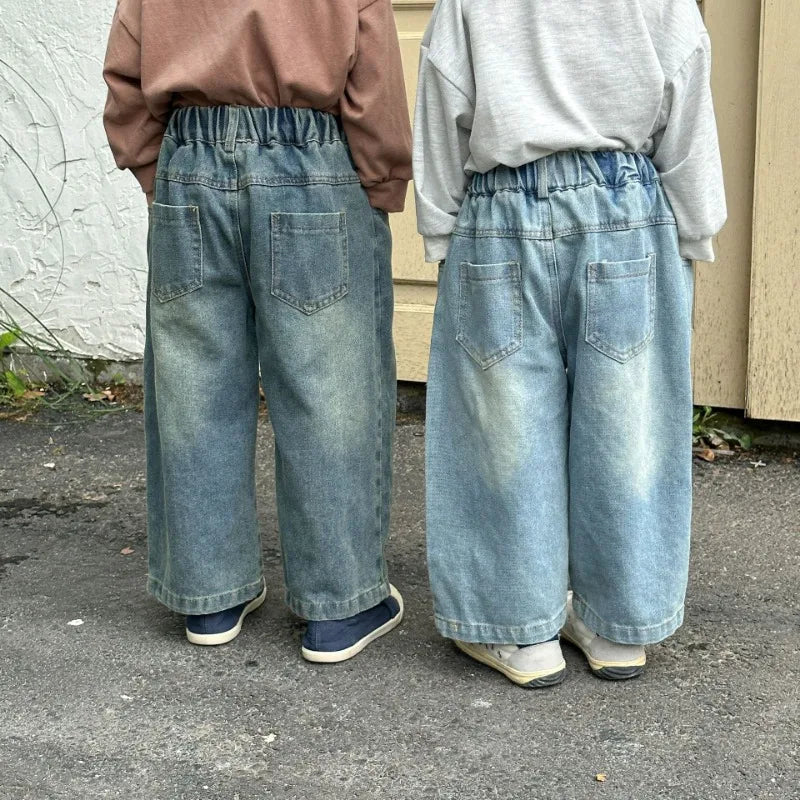 Children Wide Leg Jeans Spring Autumn Boy and Girl Elastic Waist Straight Leg Denim Pants Kids Casual Versatile Trousers A40056