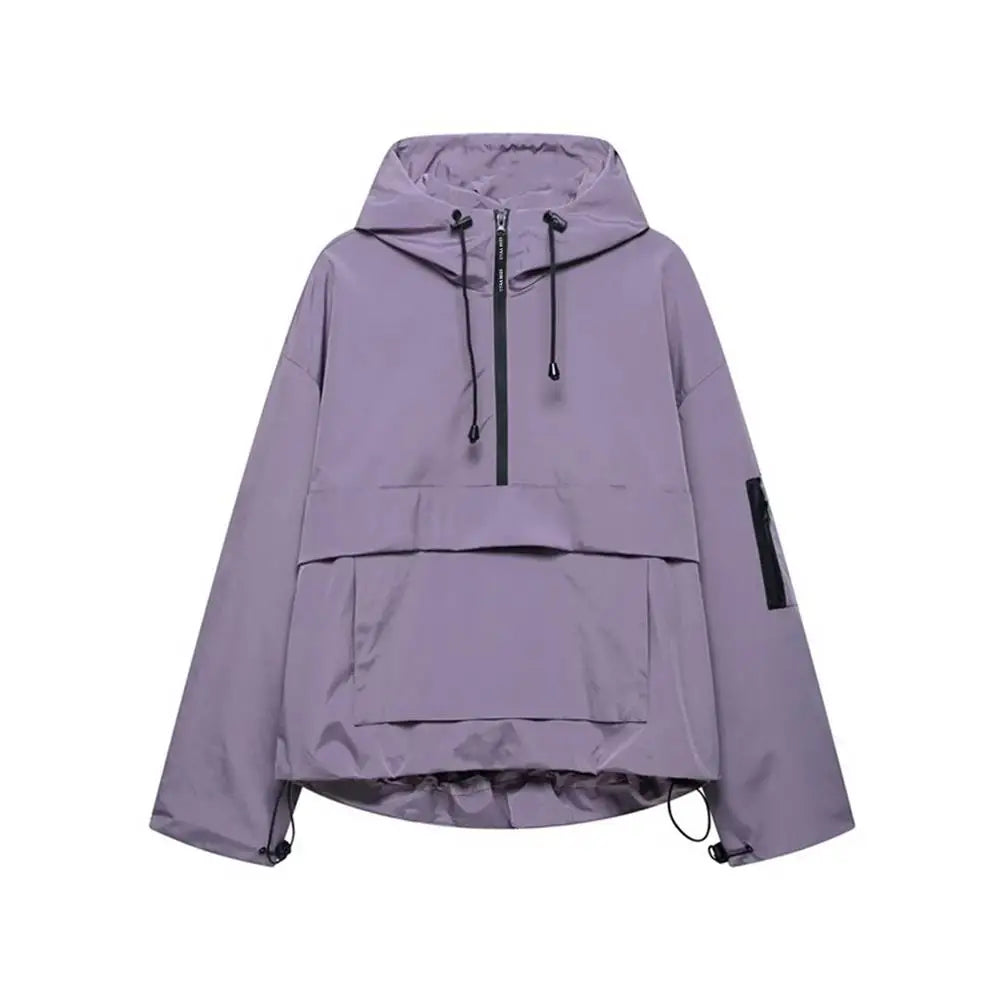 Fall 2025 Women's Casual Spor Loose Fit Stand Collar Long Sve Hooded Jaet Windbreaker Outerwear Polyester Fiber 00%