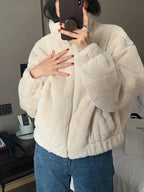 Women Autumn Winter Thicken Warm Coat Stand-Collar Loose Fur Plush Zipper Jacket Soft Comfortable Casual Simple Solid Outerwear