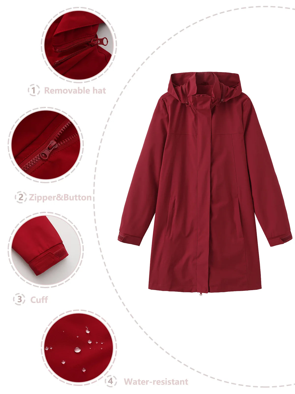 Spring Autumn Women's Solid Color Long Sleeve Lightweight Trench Coat with Detachable Hood Water-Repellent Windbreaker