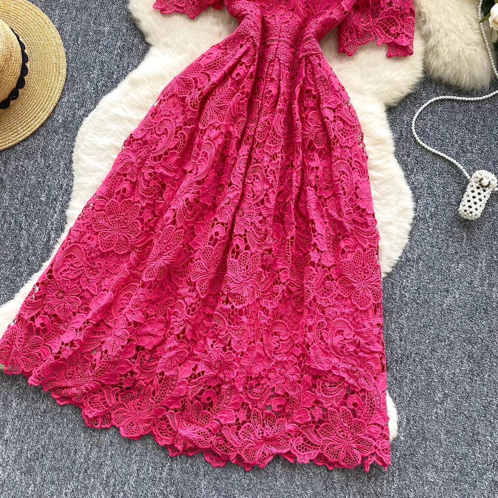 Ele Hollow out Lace ort Sve Dr Women's Summer Slimming A-Line Gown High Waist Korean Sle Commute Suitable