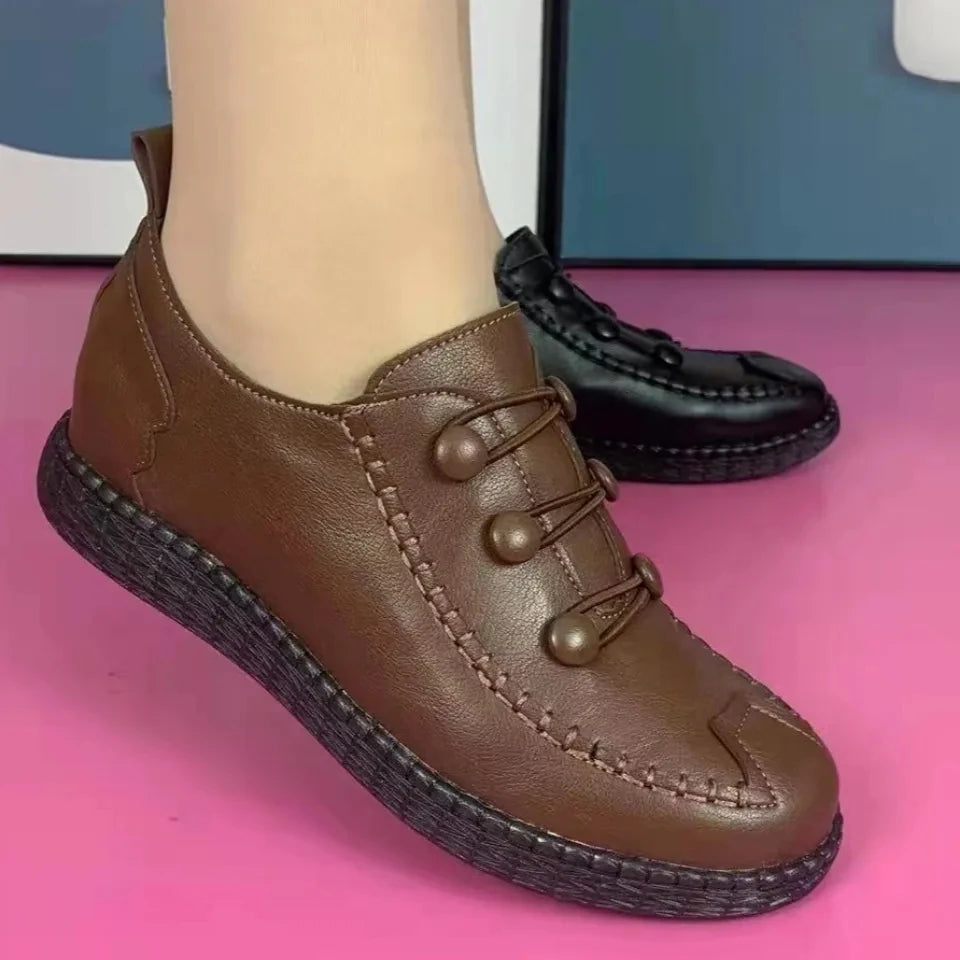 Womens Walking Shoe 2024 Red Spring Leather Shoes Mom Comfort Retro Stitching Flats Wedge Leather Sneakers