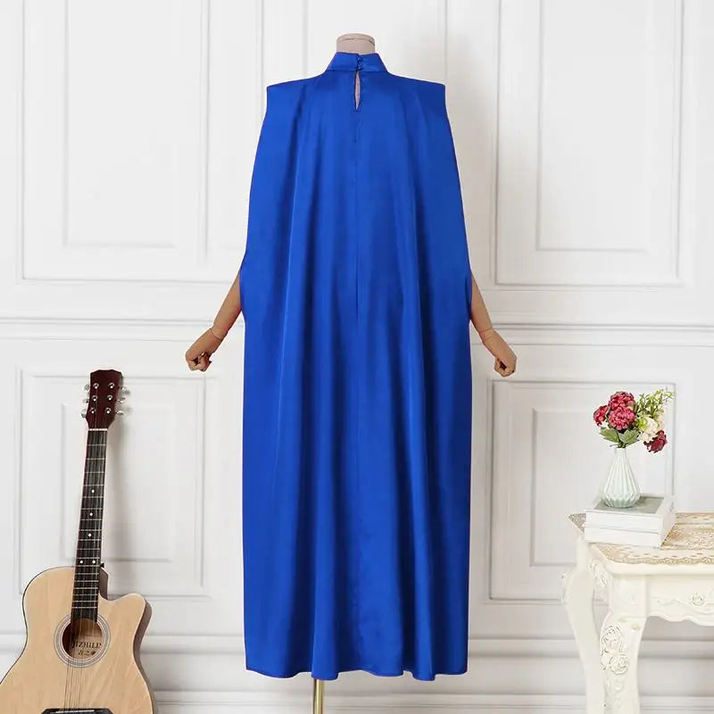 Elegant Evening Dress VONDA Women Pleated Stand Collar Long Sleeve Satin Party Sundress Autumn Casual Solid Loose Robe Vestidos