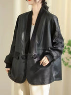 Amax LuluE Chinese 2025 Autumn Ladies Fashion Patchwork Faux Leather Jackets Womens Loose V Neck PU Coat Luxury Vintage Outwear