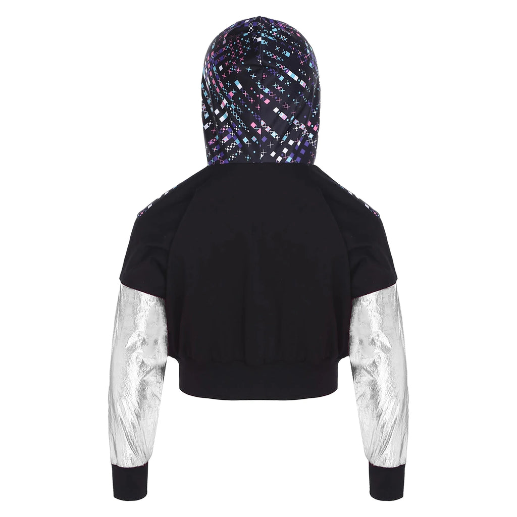 Girl Hooded Tops Long Sleeve Zipper Jacket Fashion Print Short Jacket Casual Coat Outerwear Jazz Dance Performance Costume