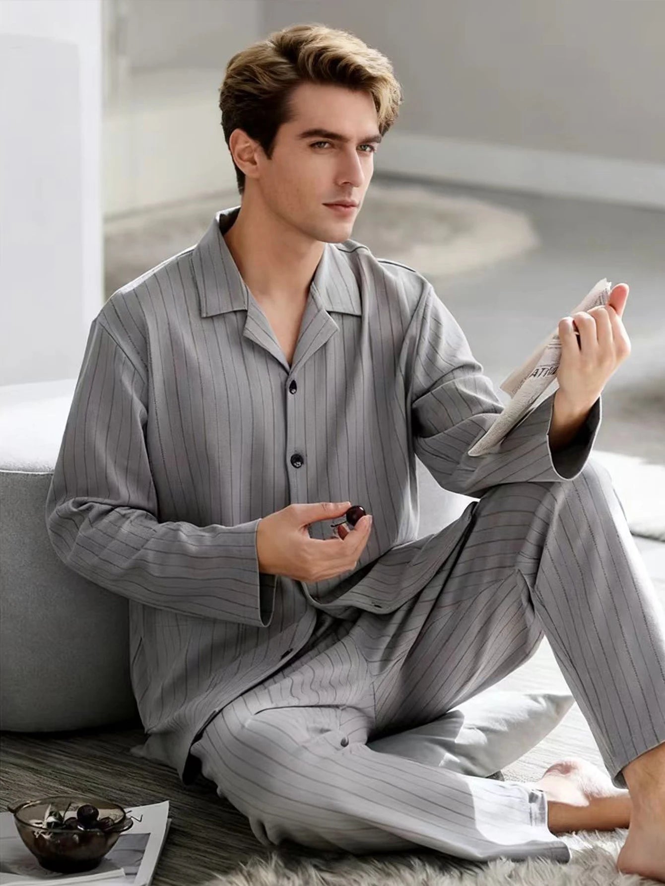 Men's Pajamas Can Be Worn Outside in Spring and Autumn, Cardigan Long-Sleeved New Casual Home Wear Men's Autumn and Winter Suits
