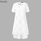 Stylish Women Desses ZANZEA 2025 Summer Lace Patchwork Dress Elegant Party Work Sundress Short Sleeve Pleated Vestidos Midi Robe
