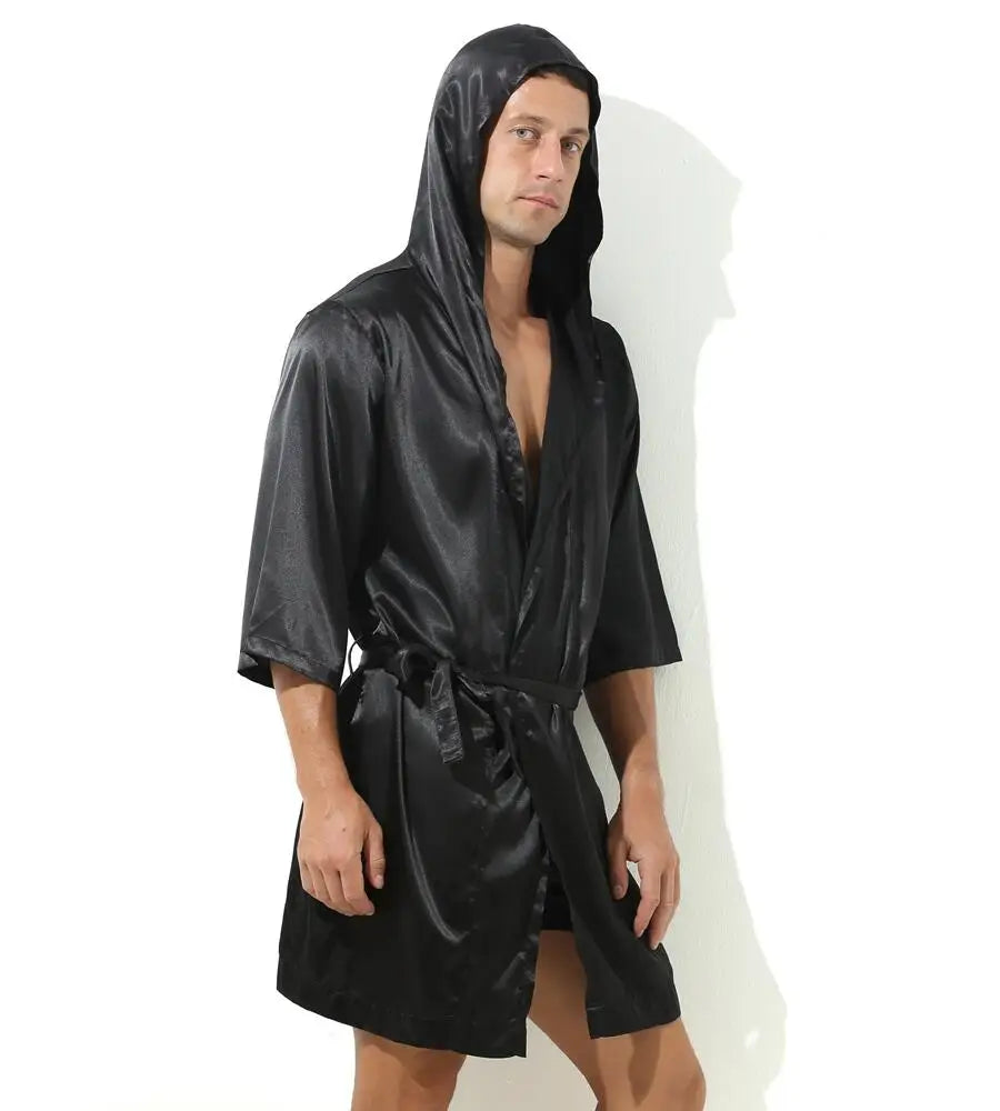 Sexy Sleepwear Men Robes Bathrobes Soft Silky Short Sleeve Nightgown Mens Homewear Dressing Gown Male Pajamas (No shorts)