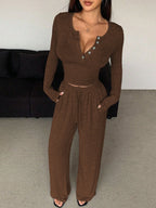 Women's Pajamas Sexy Tight-fitting Button V-neck Long-sleeved Drawstring Long Trousers Two-piece Set Casual Simple Homewear